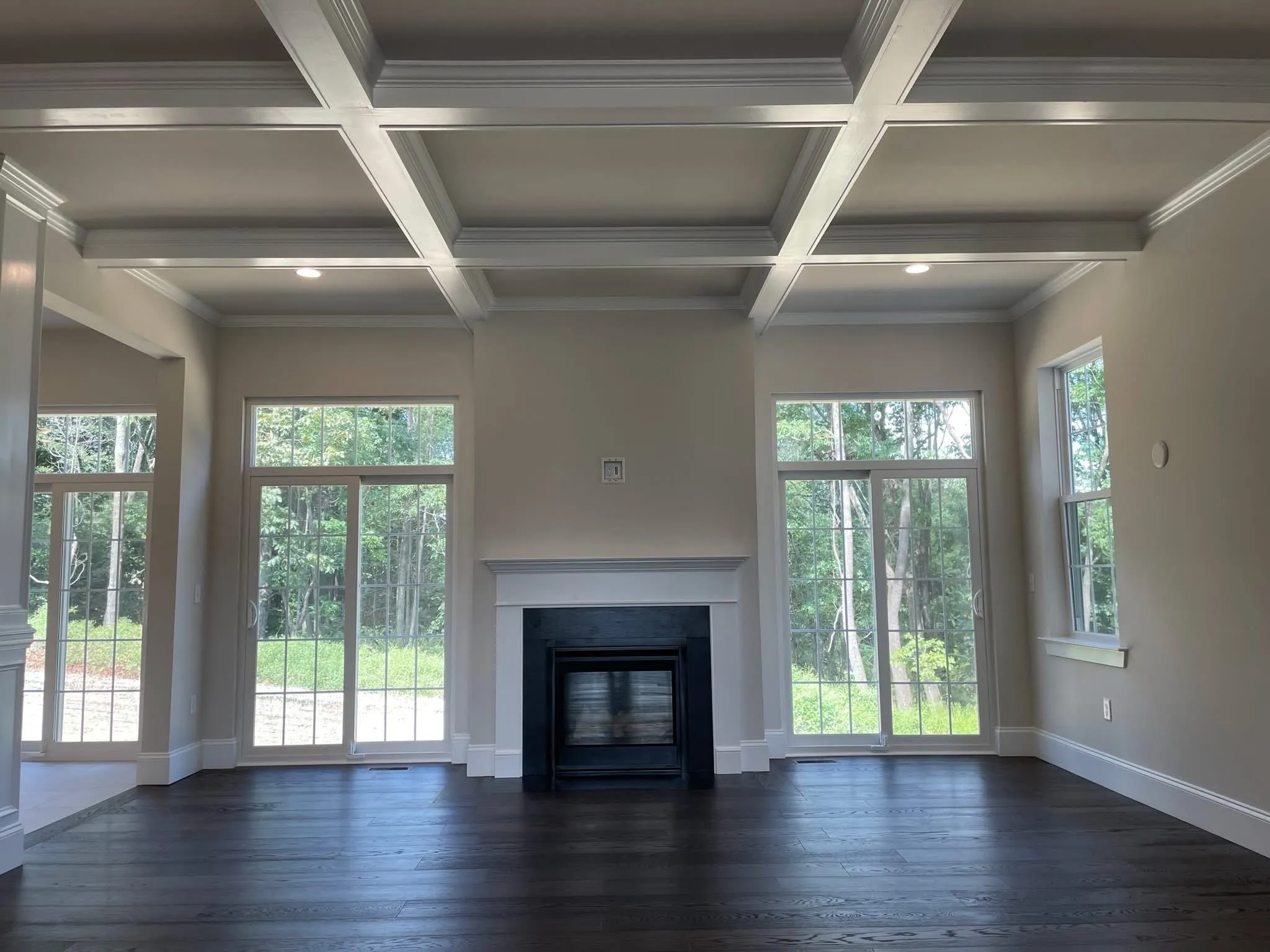 A coffered ceiling and a black fireplace surround in a room with dark hardwood floors.